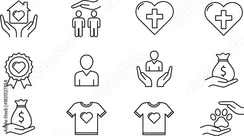 Collection of charity and donation vector icons with symbols of care, giving, and community support isolated on white background