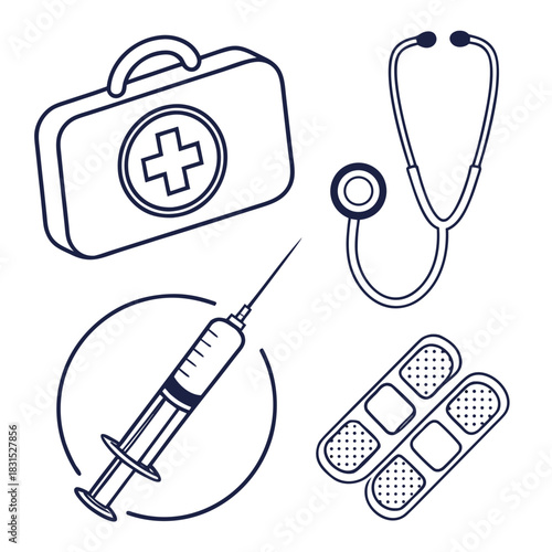 Medical Icons First Aid Kit Stethoscope Syringe and Bandages Keywords: medical, health, healthcare