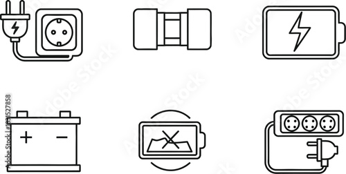 Collection of electricity and battery vector icons for power and charging concepts isolated on white background