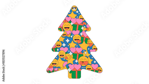 Festive Emoji Christmas Tree: A vibrant and joyful Christmas tree composed of various emojis, expressing holiday cheer, happiness, and merriment. 