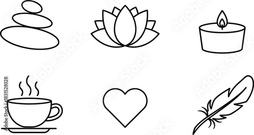 Collection of six outline vector icons representing wellness relaxation and comfort including a heart and feather