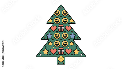 Festive Emoji Tree: A delightful and playful cartoon Christmas tree, decorated with cheerful emoji faces and holiday symbols, ready to spread joy