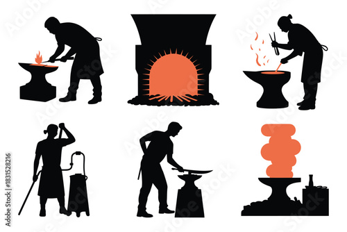 Set of blacksmith silhouettes forging metal with hammer and anvil vector illustration isolated on white background
