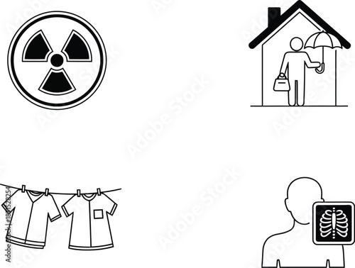 Diverse outline vector icon set featuring concepts like radiation, home protection, laundry, and digital identity