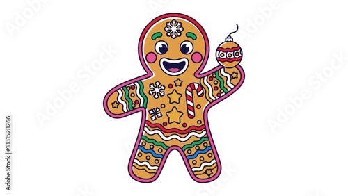 Gingerbread Man with ornament : A colorful gingerbread man figurine cheerfully holds an ornament, radiating the festive spirit of the season. capturing the joy and warmth of the occasion.