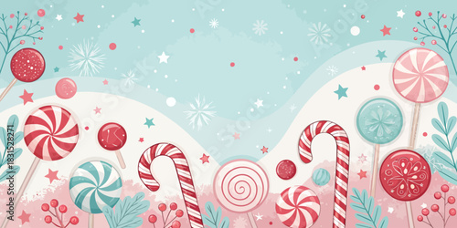 Vector christmas illustration of candy canes and lollipops with stars and snowflakes on a light blue and white background