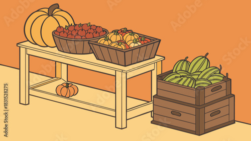Harvest season bounty illustration with various farm-fresh produce displayed on a rustic wooden stand and crates, featuring pumpkins, apples, and gourds.