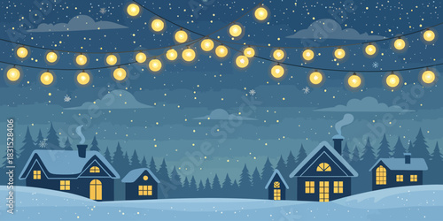 Vector christmas winter night scene with houses under snow and string lights illuminating the dark blue sky above scene