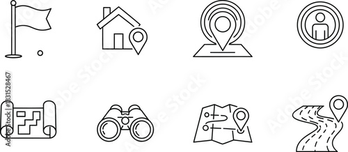 Eight navigation and travel outline vector icon set for maps, location, and journey planning