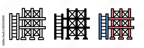 Scaffold icon usually depicted as a framework of platforms and poles, symbolizing construction, building access, or maintenance work.