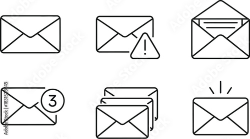 Email communication vector icon set with various message and notification states isolated on white background