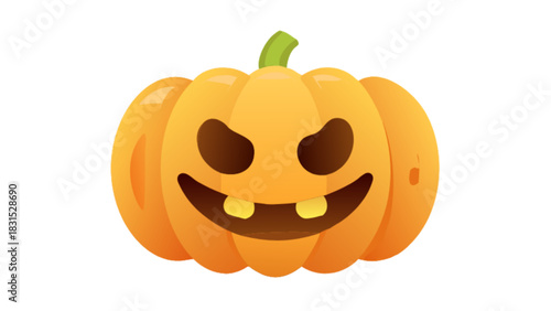 Spooky halloween carved pumpkin vector illustration, a friendly but mischievous jack-o'-lantern with glowing eyes and a toothy grin, seasonal autumn holiday icon graphic on white.
