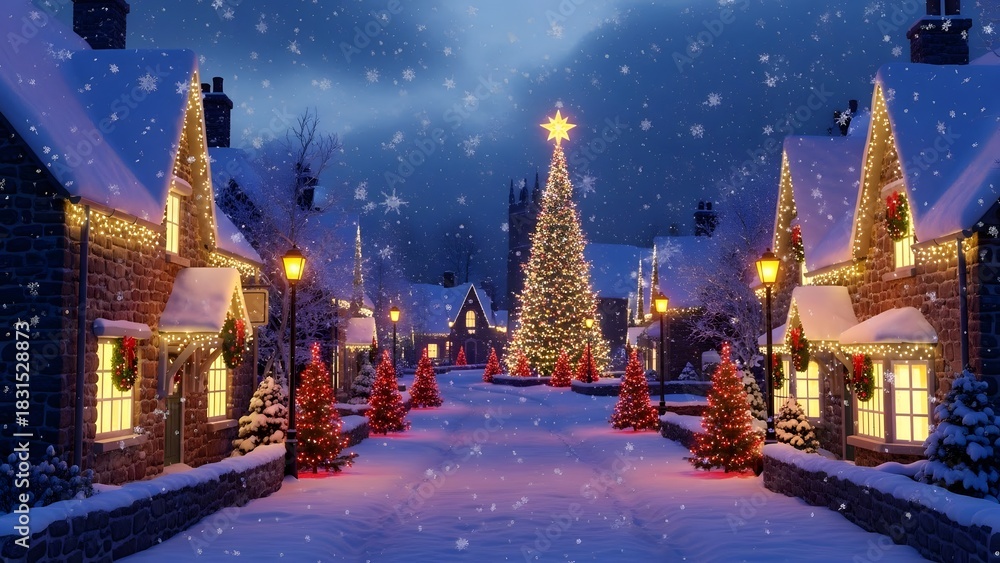 Obraz premium Magical snowy village street scene at night with illuminated christmas trees lining the path leading to a large central decorated fir tree under falling snow