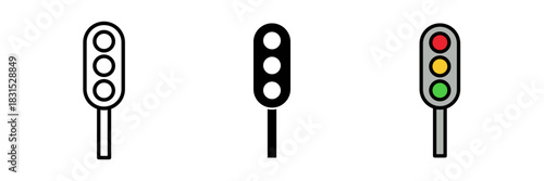 Traffic light icon usually depicted as a vertical or horizontal signal with red, yellow, and green lights, symbolizing road control and traffic management.