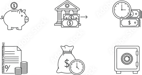 Finance and banking outline icon vector set depicting savings investment and financial transactions