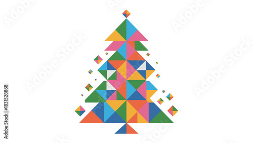 Abstract Festive Spruce: A vibrant geometric tree, assembled from colorful triangular shapes, evokes the spirit of the holiday season, embodying festive joy and cheerful design.