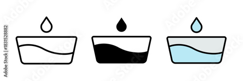Water bowl icon typically shown as a shallow dish filled with water, symbolizing pet care or animal hydration.