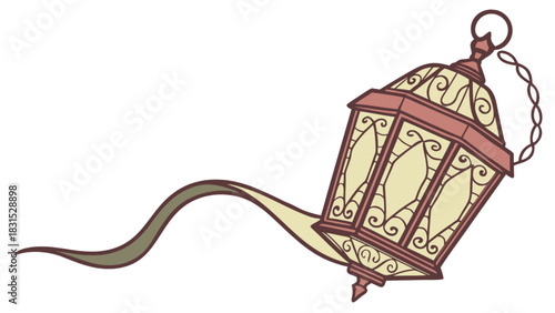 Ornate arabian style decorative lantern with intricate scrollwork design and a long flowing ribbon trail, depicting a sense of motion and elegance, isolated vector art
