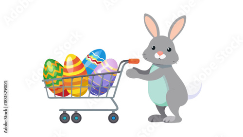 Easter bunny character pushing a metal shopping cart filled with vibrant, colorful, and intricately decorated easter eggs, symbolizing spring festivities and holiday shopping.