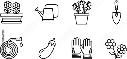 Gardening and horticulture vector line icon set with 8 outline symbols for plants tools and produce isolated on white background