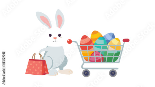 White easter bunny character with a vibrant red shopping bag and a cart overflowing with colorful decorated eggs, symbolizing joyful spring holiday shopping and festive traditions.