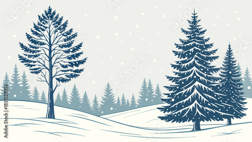 Serene winter forest landscape illustration featuring tall pine trees and sparse evergreens amidst gently falling snow on rolling snow-covered hills, cool color palette.