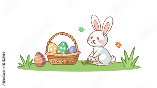 Easter bunny with a basket full of colorful patterned eggs sitting on lush green grass with small vibrant flowers, perfect for spring holiday celebrations, greeting cards, and children's designs