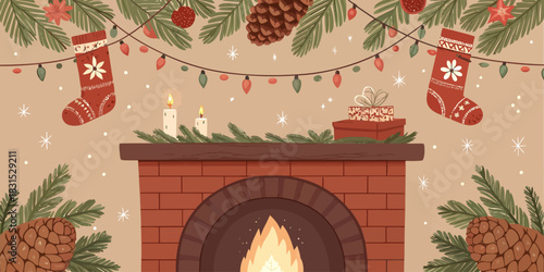Vector christmas cozy christmas scene with fireplace stockings pine cones and festive decorations arranged beautifully indoors