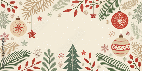 Vector christmas illustration of christmas ornaments and foliage with a christmas tree and snow flakes in the background