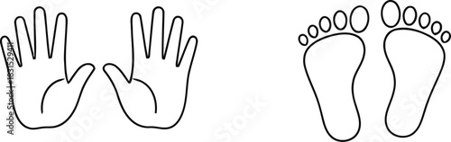 Human hands and feet outlines vector icon representing body parts and anatomy isolated on white background