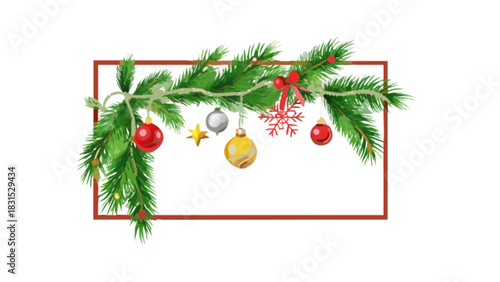 Christmas watercolor border with festive fir tree branches, red ornaments, golden baubles, and a snowflake design, perfect for holiday greeting cards and seasonal celebrations.