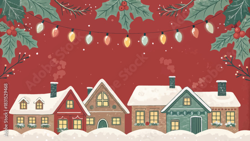 Vector christmas a charming christmas village scene with snow covered houses and festive decorations adorning the scene above