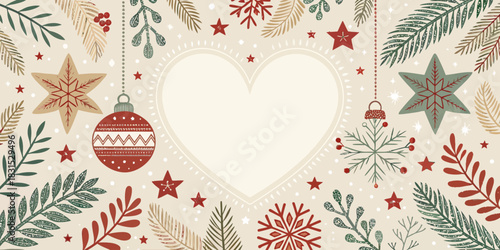 Vector christmas festive christmas background with heart shape, stars, ornaments and foliage decoration elements all around