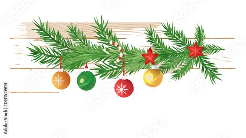 Christmas evergreen branches with festive holiday ornaments, including red stars, colorful baubles, and candy cane beads, on a rustic white wooden background.
