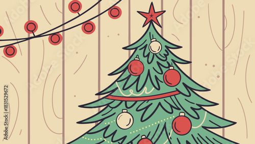 Stylized christmas tree illustration with festive red and white ornaments, a bright red star on top, and string lights, set against a cozy wooden wall background, evoking warmth and holiday spirit.