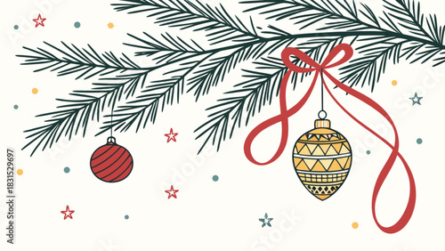 Hand-drawn christmas fir tree branch with festive red and golden hanging ornaments, a decorative red ribbon, and scattered stars and dots, perfect for holiday season designs.