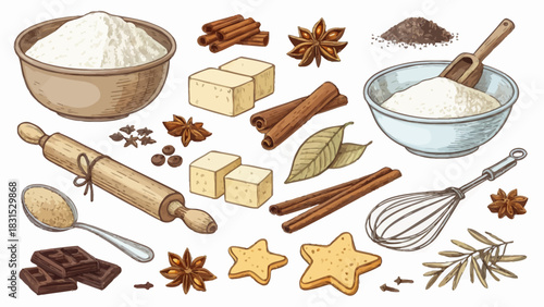 Vector christmas illustration of baking ingredients including flour, butter, spices, and tools for making cookies and cakes