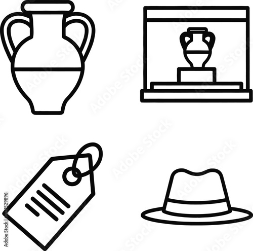 Outline vector icon set featuring an ancient vase museum display price tag and classic fedora hat