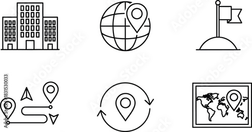 Outline vector icon set featuring location pins global travel navigation and business concepts on a dark background