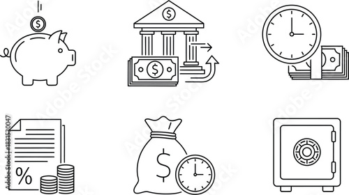 Outline vector icon set featuring film production elements like camera reel clapboard and movie strip