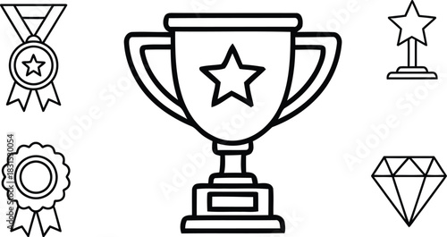 Outline vector icon set of achievement awards trophy cup medal and star isolated on white background