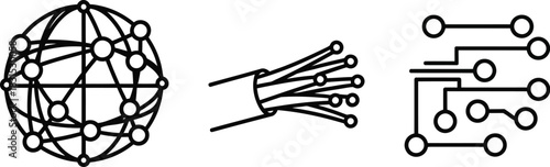 Outline vector icon set of global network fiber optic cable and circuit board for technology concepts