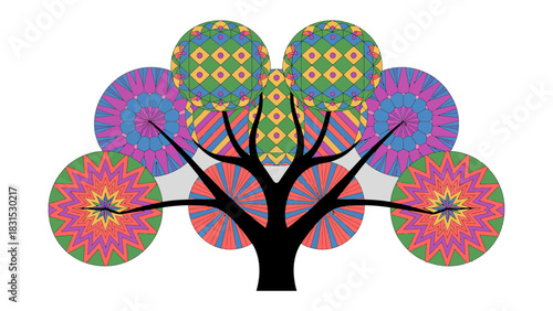 Artistic Tree Illustration: A vibrant and abstract tree illustration with colorful circular canopy, an artistic interpretation of nature and beauty. 