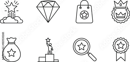Set of eight success achievement and reward outline vector icons for business and recognition programs isolated on white background