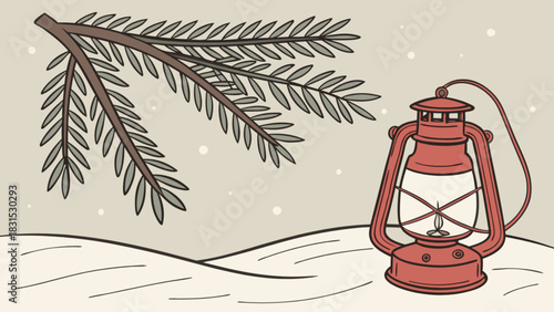 Cozy winter illustration featuring a classic red oil lantern glowing warmly amidst a gentle snowfall and a green fir tree branch, symbolizing warmth and festive cheer.