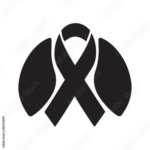 Lung cancer awareness ribbon illustration in black color symbolizing support and hope against pulmonary diseases with anatomical lungs icons