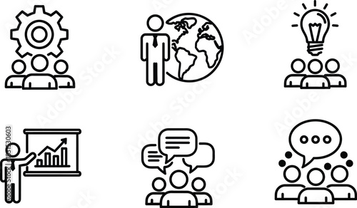 Six business outline vector icon set illustrating teamwork global leadership communication and strategy development