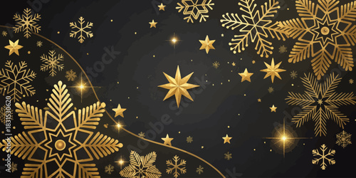 Vector christmas elegant black background with golden stars and snowflakes for festive celebrations design idea