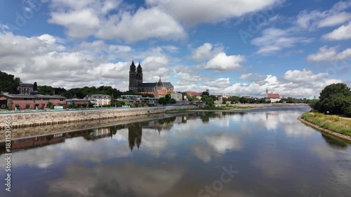 Zoom in from a bridge over the River Elbe in Magdeburg, Germany