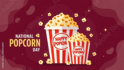 Two striped buckets overflowing with fluffy popcorn celebrating national popcorn day with a festive background